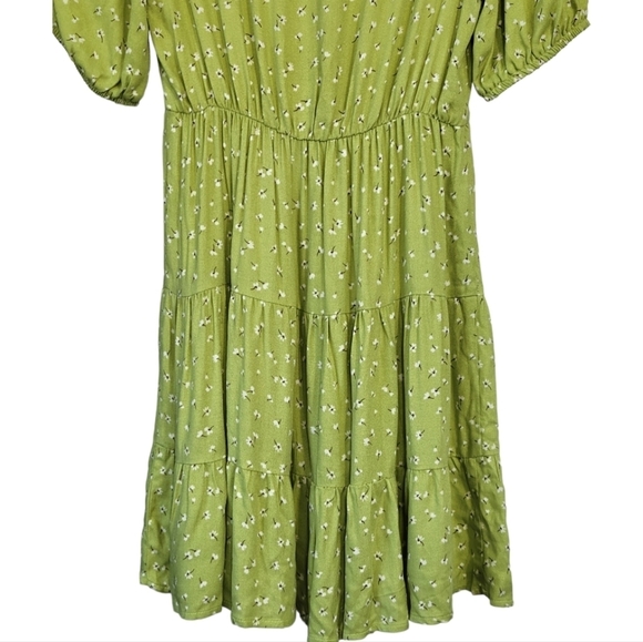 LUSH Sz S Tiered Ruffle Babydoll Mini Dress Ditsy Celery NWOT - Picture 8 of 10